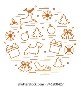 Different new year and christmas symbols. Winter elements. Design for postcard, banner and print.