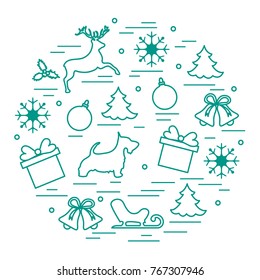 Different new year and christmas symbols. Winter elements. Design for postcard, banner and print.