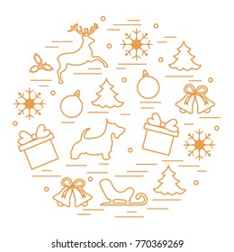 Different new year and christmas symbols. Winter elements. Design for postcard, banner and print.