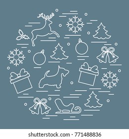 Different new year and christmas symbols. Winter elements. Design for postcard, banner and print.