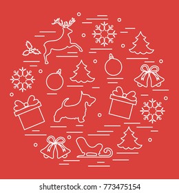 Different new year and christmas symbols. Winter elements. Design for postcard, banner and print.