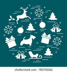 Different new year and christmas symbols. Winter elements. Design for postcard, banner and print.