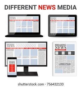 Different news media set with event information on electronic devices screens and in newspaper isolated vector illustration  