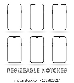 Different notch smartphone display set isolated on white. Mobile realistic vector mockup with front camera and speaker variable size and position