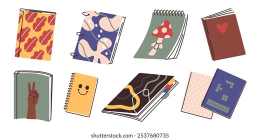 Different notebooks, diaries, books with various covers. Set of subject for paper notes hand drawing