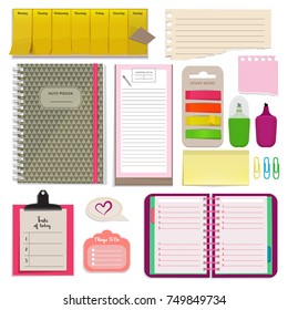 Different notebooks, notes, daily agendas and papers for organizer. Planner pad and organizer notebook. Vector page for note daily and schedule planner illustration