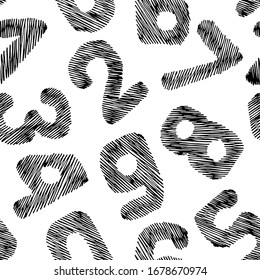 Different numbers seamless pattern. Black objects drawn with black ink and feather on a white background.