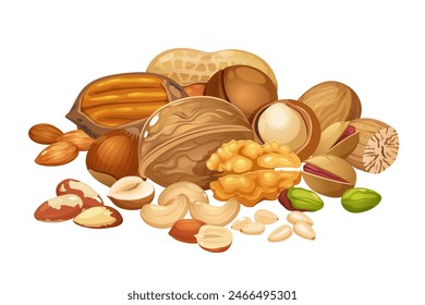 Different nuts collection includes cashew,walnuts,macadamia,brazil nut,pecan,hazelnut,peanut,pistachios,nutmeg,pine nuts,almond.	