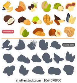 Different nuts color flat and simple icons set