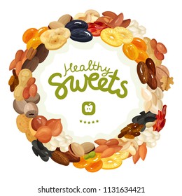 Different nuts and dried fruits for healthy diet on white background flat vector illustration