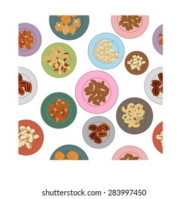 Different nuts on plates pattern. Vector illustration