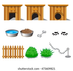 Different objects for dogs. Dog house isolated on white background. Vector illustration.