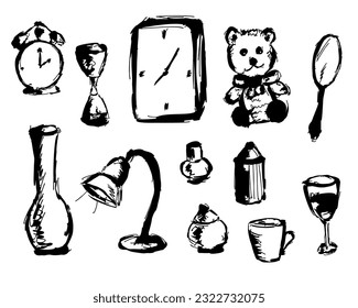 Different objects indoor on white background: clock, vase, teddy bear, mirror, cup, lamp 