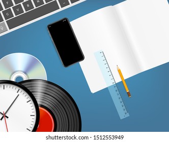 Different objects on a blue table. Music 