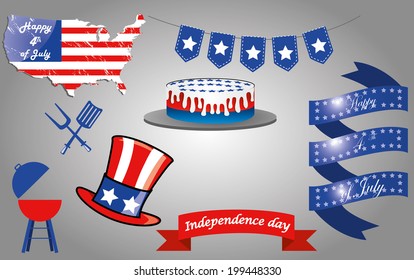 a lot of different objects with respective colors for american independence day