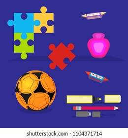 Different objects, spirits, puzzles, football, ball, stick, marker, candy, pencil, vector
