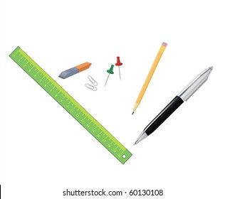 Different Objects of Stationery isolated - pen, pencil, ruler, eraser, pins, paperclips. Stationary set.