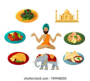 Different objects of traditional indian culture. Vector illustrations set. Indian travel and tourism, architecture and elephant, taj mahal and food