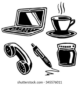 Different objects vector graphic: pen, telephone, laptop,jar,coffee cup