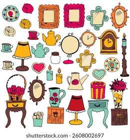 Different objects vintage retro style set collection on white background isolated vector illustration hand drawn stickers 