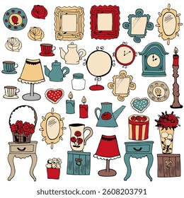 Different objects vintage retro style set collection on white background isolated vector illustration hand drawn stickers	