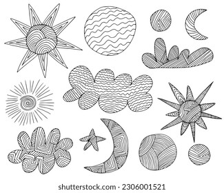 Different objects of weather set. Hand drawn doodle weather elements set