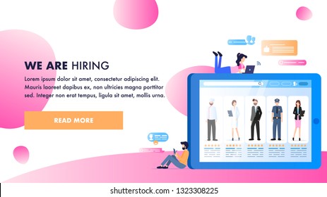 Different Occupation Character on Tablet Monitor. Various Employee Wear Uniform Working Profile Avatar. Social Media Hiring. Man Woman Hold Gadget Tool. Flat Cartoon Vector Illustration