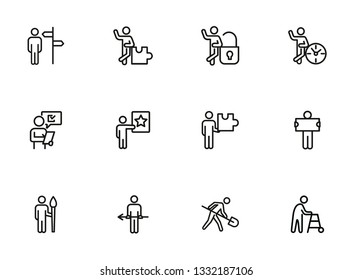 Different occupation line icon set. Direction sign, puzzle, lock, clock. Activity concept. Can be used for topics like management, career, project