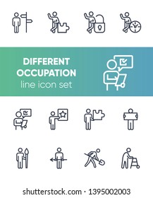 Different occupation line icon set. Direction sign, puzzle, lock, clock. Activity concept. Can be used for topics like management, career, project