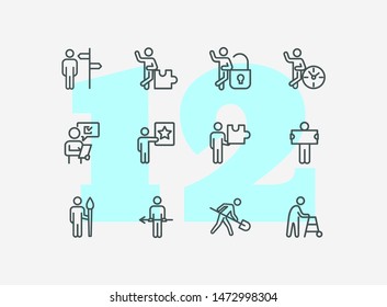 Different occupation line icon set. Direction sign, puzzle, lock, clock. Activity concept. Can be used for topics like management, career, project
