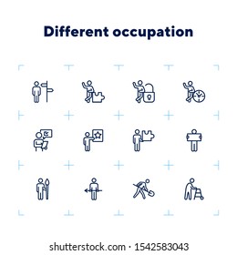 Different occupation line icon set. Direction sign, puzzle, lock, clock. Activity concept. Can be used for topics like management, career, project