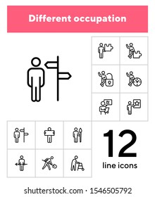 Different occupation line icon set. Direction sign, puzzle, lock, clock. Activity concept. Can be used for topics like management, career, project
