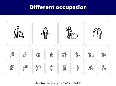 Different occupation line icon set. Direction sign, puzzle, lock, clock. Activity concept. Can be used for topics like management, career, project