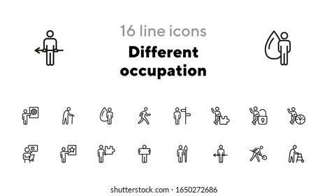 Conjunto de iconos de línea de ocupación diferente. Señal de dirección, puzzle, bloqueo, reloj. Concepto de actividad. Se puede utilizar para temas como administración, carrera, proyecto
