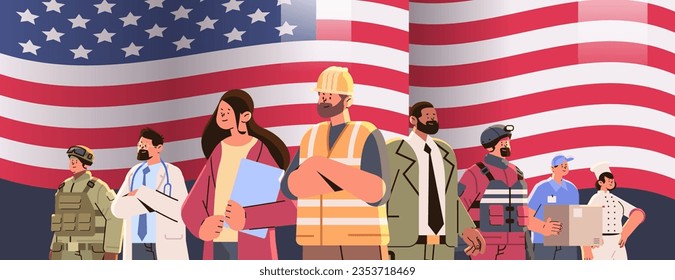 different occupation people with american flag diverse workers of various professions and specialists standing together happy labor day celebration