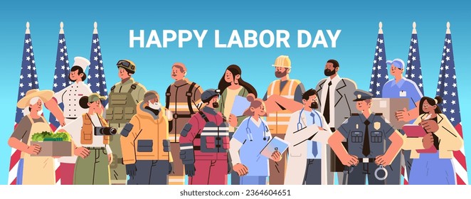 different occupation people with american flag diverse workers of various professions and specialists standing together happy labor day