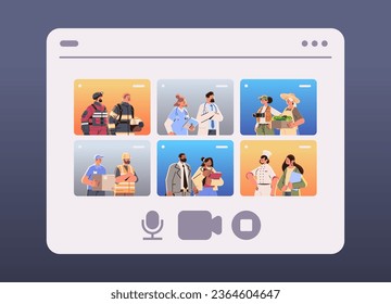 different occupation people discussing during video call diverse workers of various professions and specialists standing together happy labor day