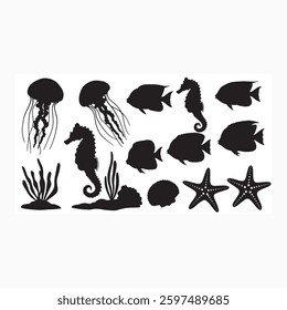 Different Ocean freshwater Silhouettes fish.