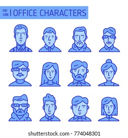 Different office characters set. Fat line. Vector illustration