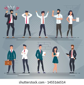 Different Office People Characters Flat Cartoon Set. Overworked Employees, Top Managers and Happy Successful Workers Collection. Women and Men Job Seekers and Angry Boss Chief. Vector Illustration