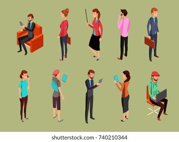 Different office people sitting and standing, using gadgets. Isometric woman and men vector illustration. People of female and male sitting and standing