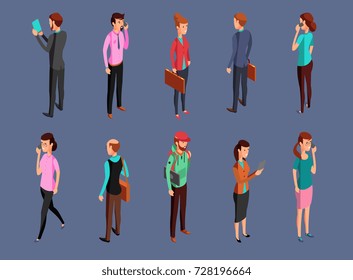 Different office people standing and using gadgets. Isometric woman and businessman vector illustration