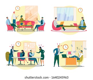 Different Office Situations Flat Illustrations Set. Friendly and Arguing Coworkers Cartoon Characters. Relaxing and Stressful Working Atmosphere Concepts. Corporate Leisure, Company Problems