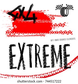 Different off-road elements useful for rally and race poster, placard, print, leaflet design. Editable vector illustration isolated on white background. Automobile collection in red and black colour.