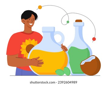 Different oil concept. Sunflower and cocco, olive. Glass jars with natural and organic products. Healthy fats. Proper diet and nutrition. Cartoon flat vector illustration isolated on white background