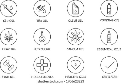 Different oils icon set with vectors including petroleum, CBD oil, hemp oil, essential oils, olive oil, certified stamp and other labels