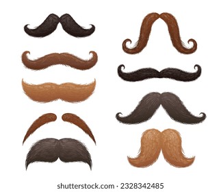 Different old fashioned mustaches. Vintage mustache shapes for hipster man and gentleman barber design. Mask accessories vector illustration set. Male fake elements for photo or disguise