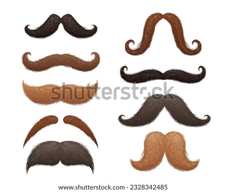 Different old fashioned mustaches. Vintage mustache shapes for hipster man and gentleman barber design. Mask accessories vector illustration set. Male fake elements for photo or disguise