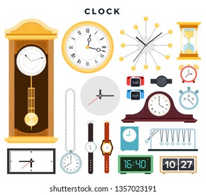 Different old and modern clocks and hand watches, set. Various time measuring devices: mechanical and electronic clock, hourglass, wall clock, wrist watch, alarm clock, stopwatch. Vector illustration.