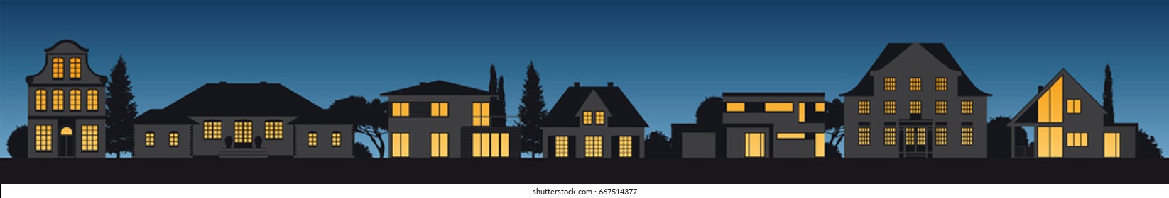 Different Old And Modern Vector House Facades Illuminated By Night